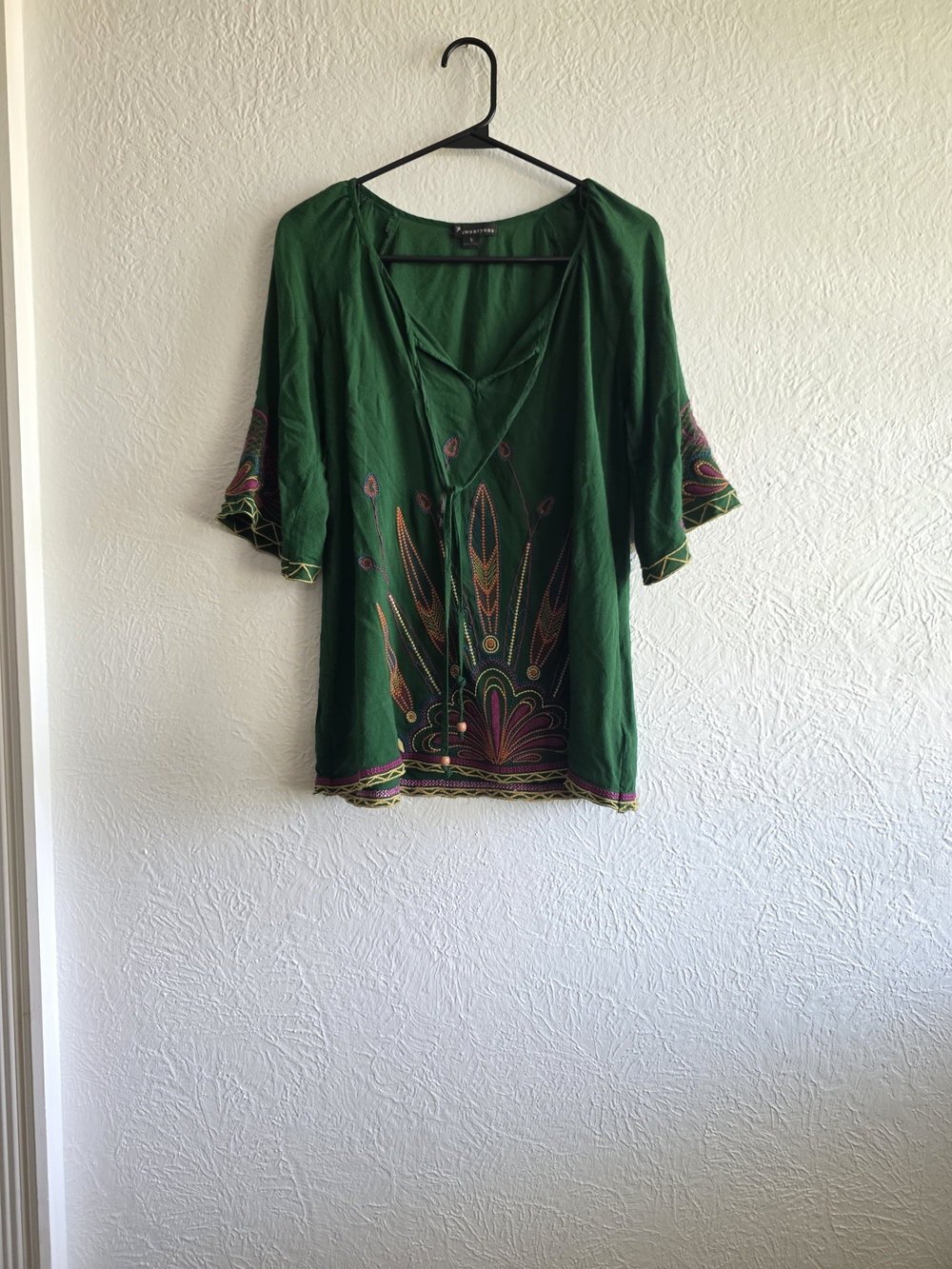 Bohemian Green Embroidered V-Neck Peasant Blouse
